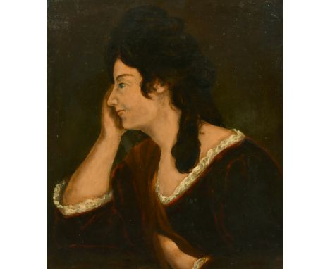 19th Century, Portrait of a side view of a lady, her hand on cheek and wearing a burgundy dress edged in white, oil on panel,