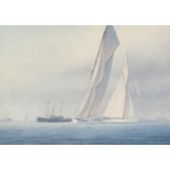 A set of six colour prints of scenes from the America's Cup, 4.5" x 6", each in a burr frame, (6).