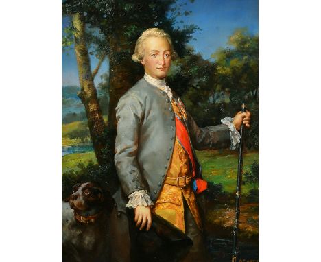 R.T. West (20th Century) After Mengs, A three quarter length portrait of Charles IV of Spain, standing in a landscape holding