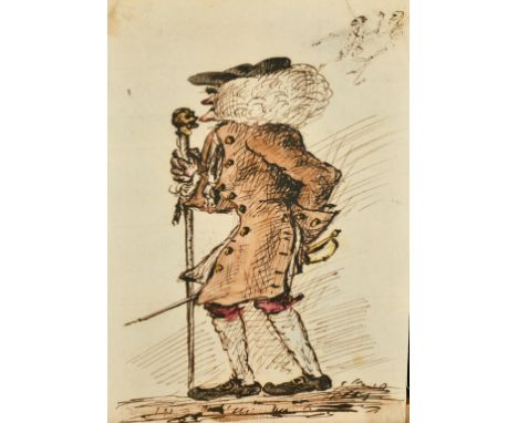 Circle of Thomas Rowlandson, A gentleman with a walking staff with a skull finial, ink and wash, 5.75" x 4", (unframed).