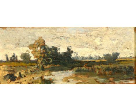 Feszty Arpad (1856-1914) Hungarian, a sketch of a river landscape, oil on board, signed verso, 4.75" x 10".