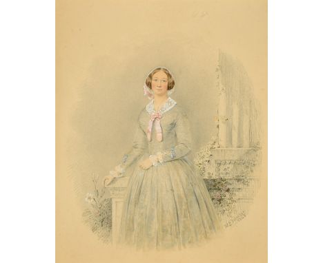 William Spence Robinson (19th Century) British, A portrait of Hannah Roberts in a formal garden setting, watercolour and penc