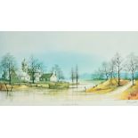 Ron Folland (1932-1999) British, 'River Hamlet', Houses by the river with moored boats, coloured