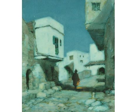 A. M. Foweraker, 'Moonlight Tangiers' A lone figure walking through buildings at night holding a lamp, watercolour, signed, W