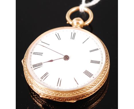 A continental 18ct gold cased open faced pocket watch, having an unsigned white enamel dial, finely engine turned and engrave