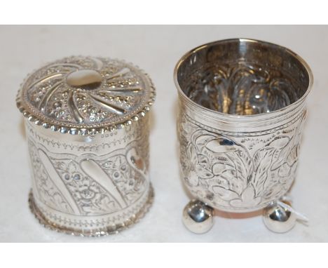 A Victorian silver trinket jar and cover, having all-over floral repousee decoration; together with one other late Victorian 