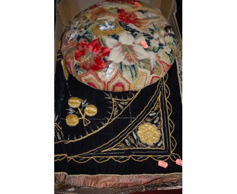 A mid 20th century silk table cloth with gold braid embroidery together with a beadwork cushion (2)   Condition Report / Extr