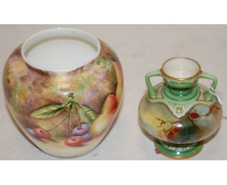 A circa 1900 Royal Worcester twin handled squat vase, hand-painted with peacock amongst flowers, puce mark verso, numbered 10