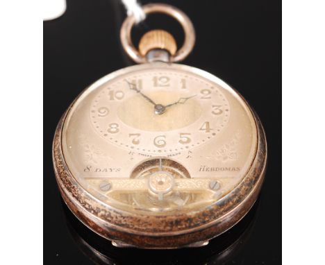 A silver cased Hebdomas patent eight day pocket watch, signed and with visible escapement, engine turned back cover, dia.4.6c