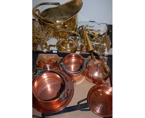 Two boxes of miscellaneous metalware to include; hammered brass helmet shaped coal scuttle, brass bugle, copper kettle etc 