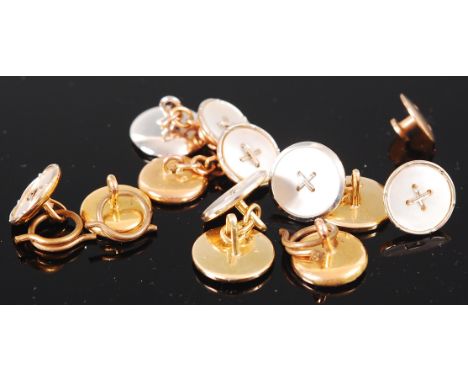 A pair of gents 9ct gold and platinum mother of pearl set cufflinks; matching larger pair in 18ct gold; four matching 9ct gol