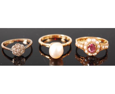 A Victorian 9ct gold and diamond point set flower head cluster ring; together with a yellow metal, amethyst and seed pearl se