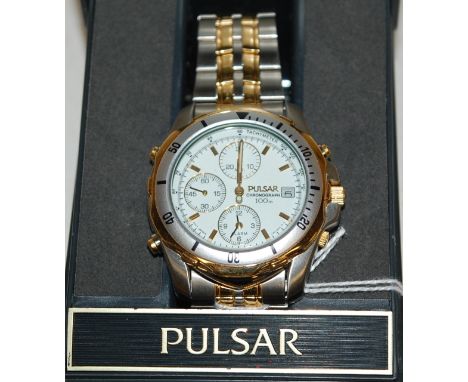 A gentleman's Pulsar bi metal cased chronograph wrist watch, the enamel dial with various subsidiary second dials and date ap