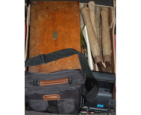 A box of miscellaneous items to include Victorian walnut writing slope, Kodak EK160 instant camera etc