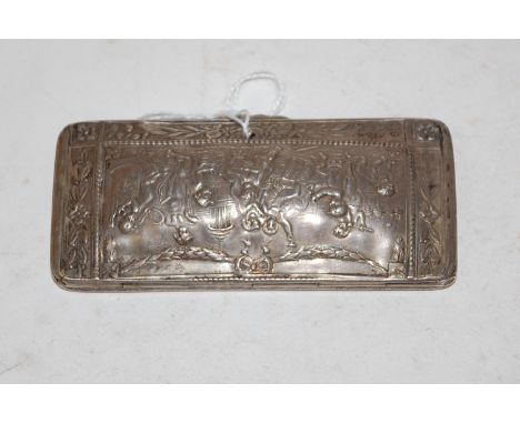 A circa 1900 Continental silver pocket snuff-box, the hinged cover relief decorated with cherub musicians, having gilt washed