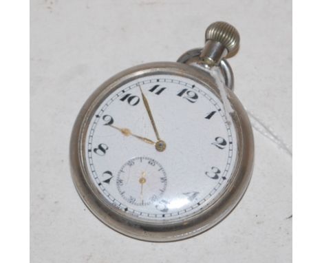 A military issue nickel cased open faced pocket watch having an enamel dial with Arabic numerals and subsidiary seconds dial,