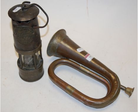 A Halewoods Improved miners lamp, No.1259, bearing label for Halewood & Ackroyd Ltd of Leeds; together with a brass bugle sta