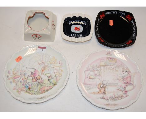 Four Royal Doulton Wind in the Willows collectors plates; together with three advertising ashtrays for Johnnie Walker Scotch 