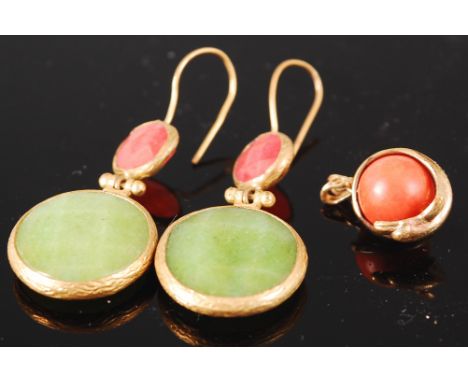 A pair of gilt metal and jade set double ear pendants; together with a gilt metal and coral set pendant (2)