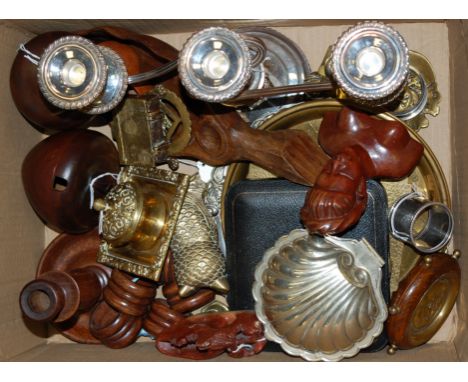 A box of miscellaneous items to include; silver plated candelabra, treen candlestick, brass inkwell etc 