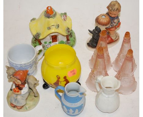 A small collection of miscellaneous items to include; Hummel figures, 19th century Staffordshire pastille burner etc 