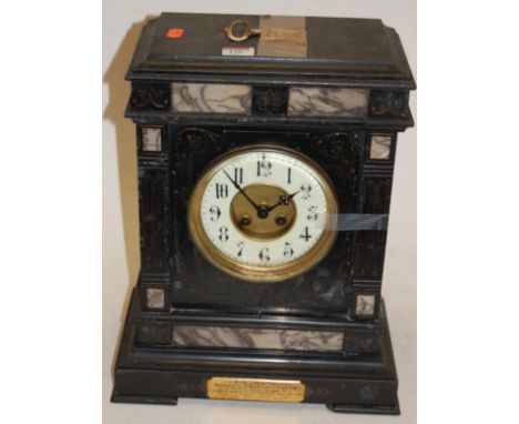 An early 20th century marble cased mantel clock of architectural form, having enamelled dial with Arabic numerals and eight d