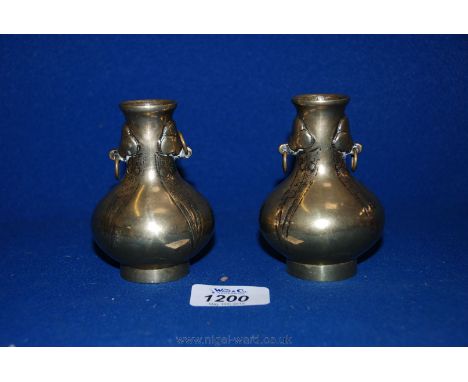 A pair of old Chinese Brass miniature baluster Vases with ring handles, 3 3/4'' high