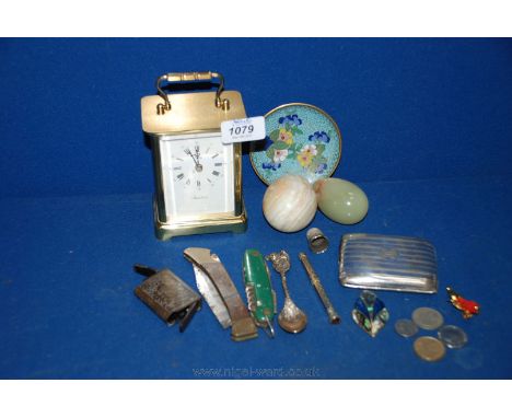 A quantity of miscellanea including Carriage Clock, epns Cigarette case, onyx Eggs, a Victorian Vesta, Penknives, etc.