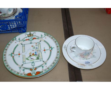 Two Royal Worcester Oriental plates and two Worcester 'Secret Garden' plates and a cup.