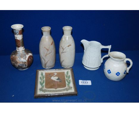 A good quality Satsuma vase (signed), two Japanese studio sake bottles, Royal Delft Cloisonné' tile, Portmeirion 'cathedral' 