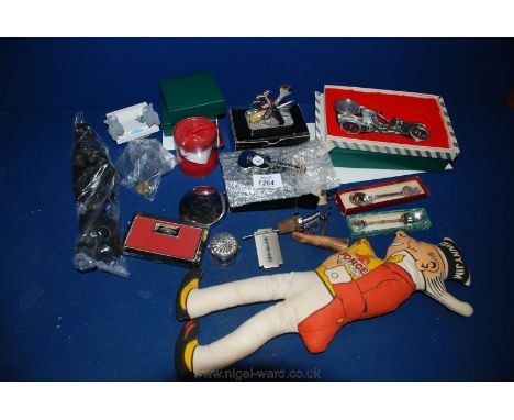 Two boxed Widdop Clocks, a corkscrew, silver topped pot, King opera glasses, etc.