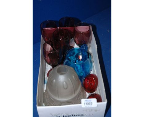 A glass Light Shade, pair of cranberry Salts, etc.