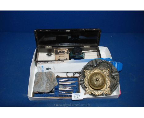 A lacquered Box, ''Twaddles No. 2'' Thermometer, Spring Balance Scales, Fossil, Brass Inkwell, etc.