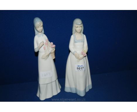 Two Spanish made Lladro style figures of Ladies, one carrying a basket of flowers, the other a posy