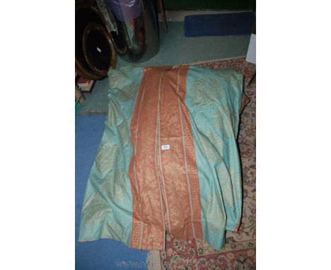 Two pairs of green/brown and gilt striped Curtains, 86'' drop x 102'' wide (each curtain) and 86'' drop x 50'' wide  - with t