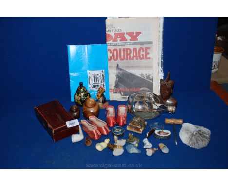 A quantity of miscellanea including ship in a bottle, old clay pipe, two wooden birds, some Whimsies including an owl, duck, 