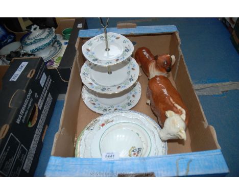 A quantity of china including three tier Colclough cake stand, Mellow ware dog and Hereford Bull (ear a/f) plus a quantity of
