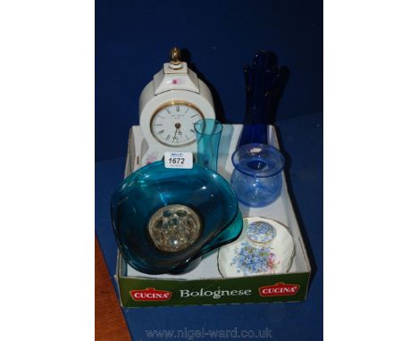A small quantity of coloured glass and china including bud Vases, Pin Dish and Mantle Clock