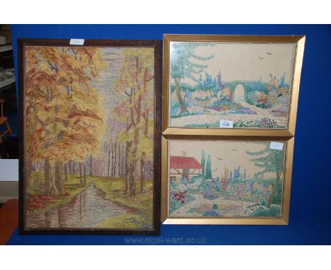 A framed Tapestry depicting a woodland scene, together with a pair of Tapestries of garden scenes, one frame broken
