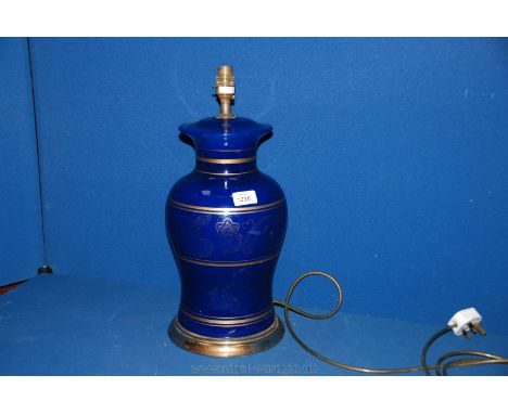 A large blue baluster shape Table Lamp base, 14'' high.