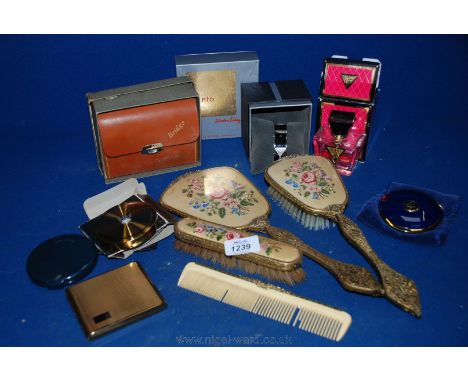 A quantity of miscellanea including four part petit point dressing table set, two part filled perfume bottles, Espirit ladies