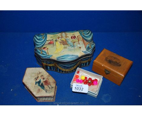 A rare Huntley & Palmers Biscuit Tin (Minuet 1902-1903), a wooden trinket box and a Cadbury's Cocoa Box containing beads and 