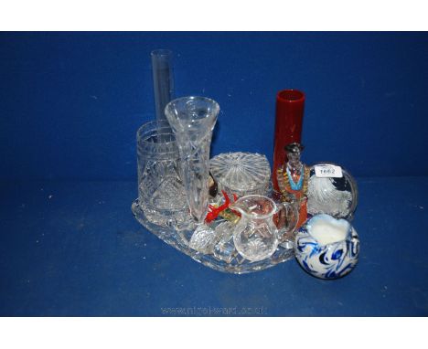 A glass Tray containing Paperweight, Trinket Pot, Vases, etc.