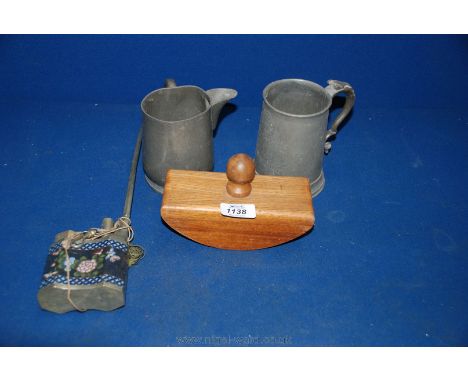 A Hubble Bubble Pipe, Pewter Jug and Tankard plus a wooden blotter