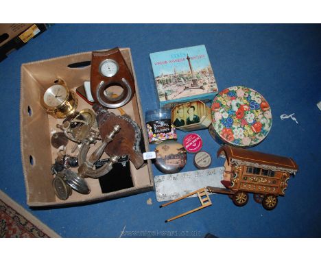 A quantity of miscellanea including bellows, advertising tins, brass door knocker, etc.