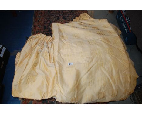 Two pairs of gold coloured Curtains, lined and tasseled, with pelmets and spare material.  85'' drop x 51'' wide (each curtai