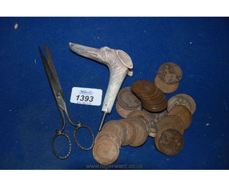 Miscellaneous Coins, a dog's head Walking Stick handle and a pair of Scissors