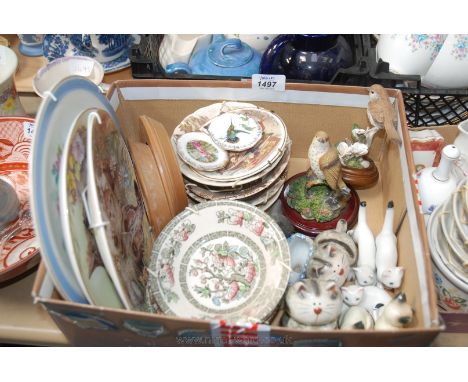 A quantity of china including bird ornaments, cat ornaments, Johnson Brothers Indian Tree dishes, Royal Worcester display pla