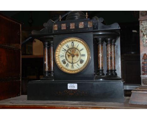 A slate Ansonia Mantle Clock with marble columns -  glass a/f with key and pendulum