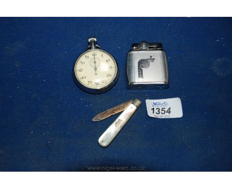 A Smiths stop watch, chrome Ronson lighter and a small Silver and mother of pearl fruit Knife